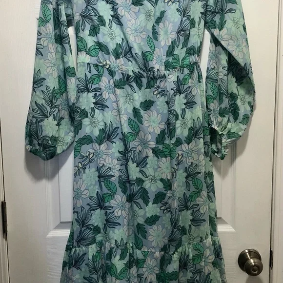 NWT LOFT Blue and Black Green Floral Maxi Dress Layered Ruffles Puff Sleeves - Picture 2 of 15